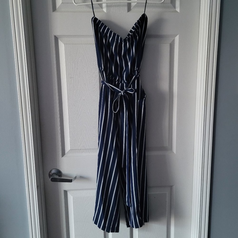 Blue and White Sleeveless Striped Jumpsuits